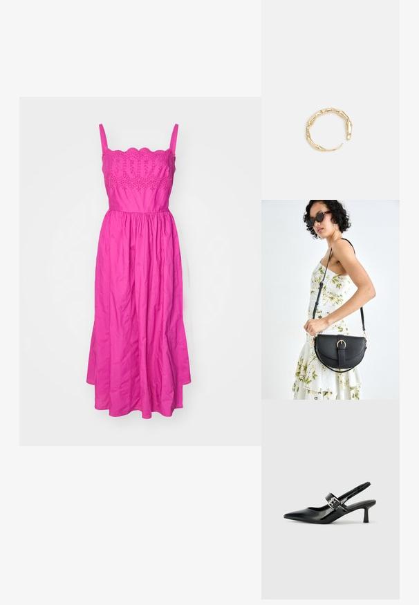 Vaaleanpunainen midi-mekko, jossa on istuva yläosa, aaltoileva kaula-aukko ja ohuet olkaimet. Mekossa on rypytetty vyötärö ja brodeerattu kuviointi koko ajan.; Musta patenttinaahkakengät, joissa on osoittava kärki ja pieni lohko korko, varustettuna hopeisella soljella hihnassa.; Musta nahkainen käsilaukku, joka on kaareva muotoilultaan, irrotettavalla hihnalla ja kultaisilla yksityiskohdilla. Laukussa on läppä, jossa on solk yksityiskohta.; Kultaketju, jossa on orgaaninen, kierretty muotoilu, sileä pinta ja cappatut päät, luoden modernin, veistoksellisen ilmeen.