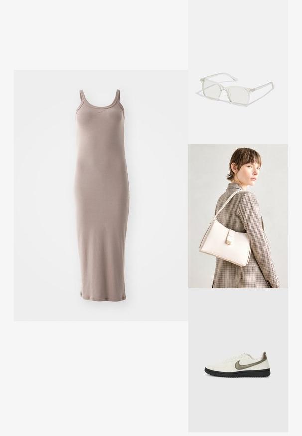 Garšīgs, piegulošs kleitas modelis, izgatavots no gaiši brūna ribota auduma. Tam ir plānas siksnas un taisna piegriezuma ar sānu slitiem apakšmalā.; Nike Sportswear FIELD GENERAL - Treniņu apavi - off-white/black; Caursplūstošas kvadrātveida brillēs ar caurspīdīgiem lēcām, ar zelta akcentiem uz tempļiem, lai pievienotu detaļas.; Balta ādas rokassoma ar strukturētu dizainu, kurai ir magnētiska aizdare un plecu josta, parādīta uz neitrāla fona.