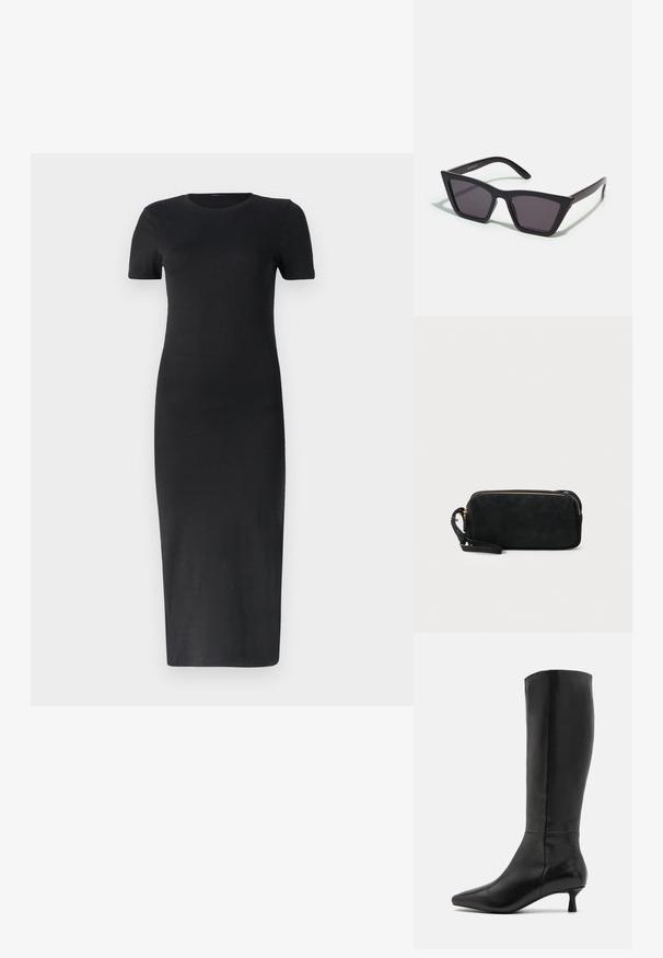Vestido midi preto canelado com mangas curtas, decote redondo, silhueta justa e textura suave. Sem padrões ou detalhes visíveis.; Zign Botas - black; Óculos de sol pretos, angulares, com lentes cinzas; feitos de plástico, apresentando hastes grossas com uma superfície lisa e sem hardware visível.; Clutch bag preta em camurça, com fecho em zíper e alça de pulso removível. Apresenta acessórios em tom dourado e uma textura suave e fosca.