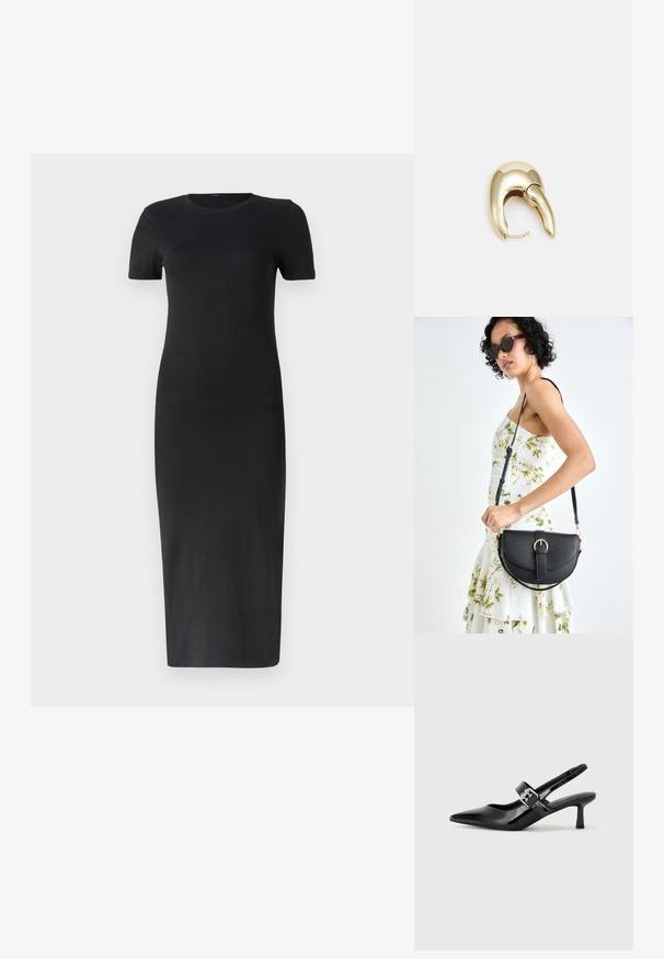Rochie midi neagră, cu dungi, cu mâneci scurte, guler rotund, siluetă ajustată și textură netedă. Fără modele sau accente vizibile.; Sandale cu toc din piele patent neagră, cu vârful ascuțit și un toc mic bloc, având un accent cu cataramă argintie pe curea.; Geantă din piele neagră, cu o formă curbată, curea detașabilă și accesorii aurii. Geanta are un capac cu un detaliu tip cataramă.; Cercei din metal de culoare aurie cu un design elegant și curbat. Prezintă o formă distinctivă, ascuțită, o suprafață lustruită și un sistem de închidere cu balama.