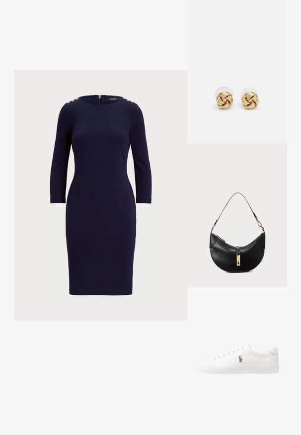Μακριά μανίκια φόρεμα σε ναυτικό μπλε χρώμα με εφαρμοστό σχέδιο, κυκλικό λαιμόκομμα και χρυσά κουμπιά στους ώμους. Διαθέτει κλείσιμο με φερμουάρ στην πλάτη.; Λευκά δερμάτινα sneakers, χαμηλού σχεδιασμού, με απαλή υφή, στρογγυλή μύτη, δέσιμο μπροστά και μικρό κεντημένο λογότυπο στο πλάι.; Μαύρη δερμάτινη τσάντα χειρός σε σχήμα μισού φεγγαριού. Διαθέτει χρυσή μεταλλική λεπτομέρεια και στενό λουρί. Απαλή υφή, κλείσιμο με φερμουάρ στην κορυφή.; Σκουλαρίκια σπιράλ σε χρυσό τόνο με πλεγμένο σχέδιο. Κάθε σκουλαρίκι διαθέτει κυκλική διαφανή βάση για ασφαλή εφαρμογή.