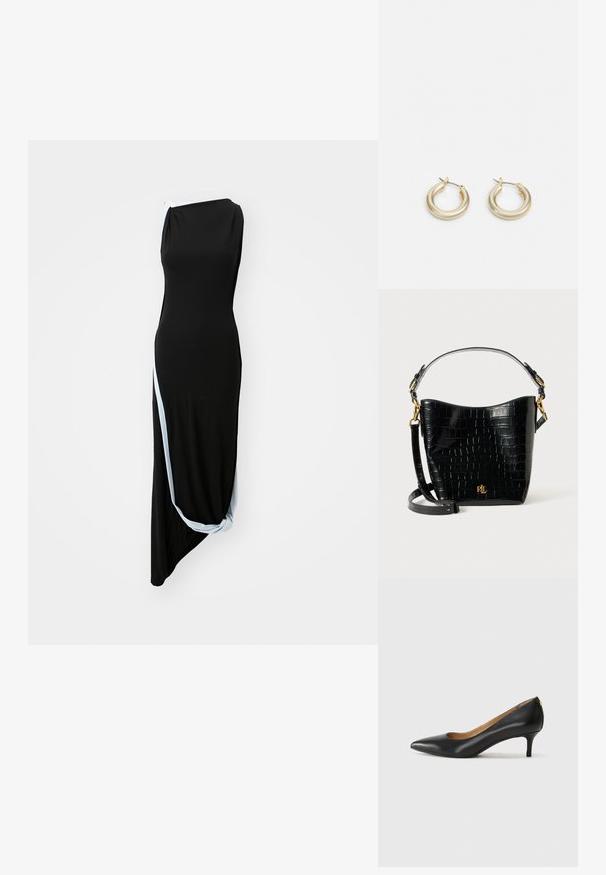 Juoda be rankovių maksi suknelė su drapiruotu dizainu, asimetrišku apvadu ir šviesiai mėlyna akcentine juostele iš vienos pusės. Lygus audinio tekstūra.; Juodos odinės aukštakulnės bateliai su smailiu nosiu, žemu kulnu ir lygiu paviršiumi. Priekyje yra nedidelis atvirumas, o gale minimalus apdaila.; Juodas krokodilo rašto odinis krepšys su lenkta forma, auksiniais aksesuarais, reguliuojama juosta ir logotipo detale priekyje.; Lauren Ralph Lauren BASIC SMALL HOOP - Auskarai - gold-coloured