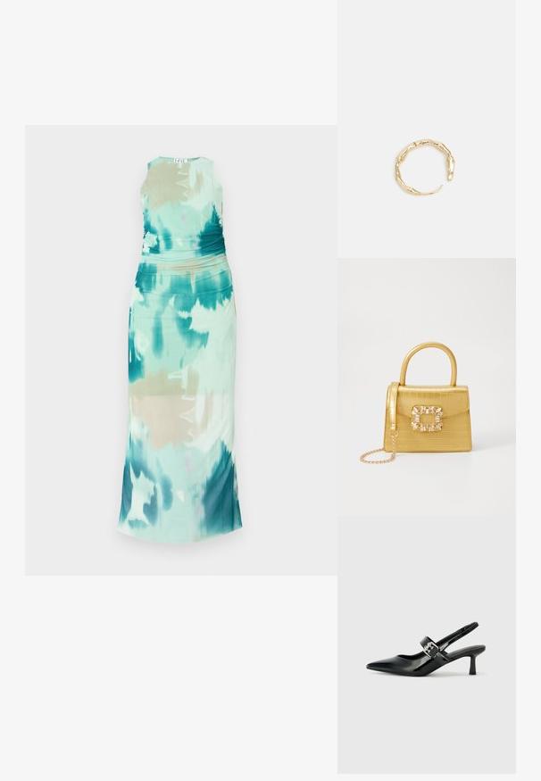 Kätketev maxi kleit akva- ja rohelises triibutamismustris, millel on kokku sirge vorm, kumeruse rõhutamine taljes ja sile kangatekstuur.; Mustad patenteeritud nahast sildiga kontsad, millel on terav nina ja väike plokk-konts, mille rihmal on hõbedane pandla aksessuaar.; Kollane faux-krokodilli käsipindaga kott, millel on struktureeritud disain, ülemine käepide, eemaldatav kettmass ja dekoratiivne kristallkaunistus klambril.; Kuldtoonis sõrmus, millel on orgaaniline, keerdunud disain sileda tekstuuri ja kitsenevate otstega, luues kaasaegse skulptuurilise välimuse.
