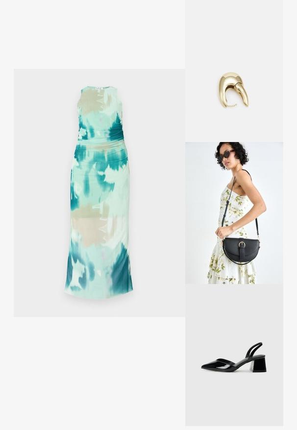 Bezrukávé maxi šaty v aqua a zeleném tie-dye vzoru, s řasením v pase, rovného střihu a hladkou texturou látky.; Černé lakované kožené lodičky na pásku s špičatou špičkou a geometrickým blokovým podpatkem. Vyznačují se elegantním, minimalistickým designem a hladkým povrchem.; Černá kožená kabelka s křivkovým tvarem, odnímatelným popruhem a zlatými detaily. Kabelka má klopu s přezkou.; Náušnice ve zlatém tónu z kovu s elegantním zakřiveným designem. Vyznačují se jedinečným špičatým tvarem, lesklým povrchem a závěsem na kloub.
