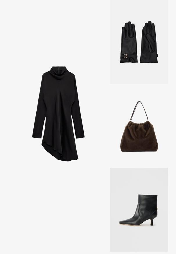 Zwarte lange mouw asymmetrische jurk met hoge kraag en zijrits, die aan de ene kant langer valt.; Zwarte leren enkellaars met een puntige neus en een kleine, vierkante hak. Beschikt over een gladde textuur en een minimalistisch ontwerp met zijnaaddetails.; Bruine tas van zacht materiaal, met een geplooide bovenkant en twee slanke schouderbanden. Het ontwerp heeft een afgeronde vorm en geen zichtbare hardware.; Pieces PCJEA SMART GLOVES - Handschoenen - black