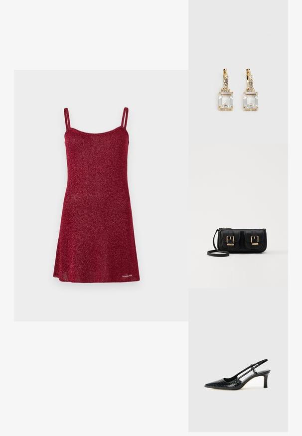 Robe rouge pailletée avec des bretelles fines, de forme A-line, et une texture lisse. Les détails incluent un col rond et un bas évasé.; Escarpin slingback en vernis noir avec un bout pointu, présentant un imprimé serpent texturé, une sangle réglable et un petit talon bloc texturé.; Sac en cuir noir porté en travers avec deux poches avant, boucles dorées, fermeture zippée et une sangle fine. Surface texturée et forme rectangulaire compacte.; Boucles d'oreilles en or lumineux avec un cristal rectangulaire transparent pendent sous une rangée de petits accents ronds transparents. Design élégant et moderne.
