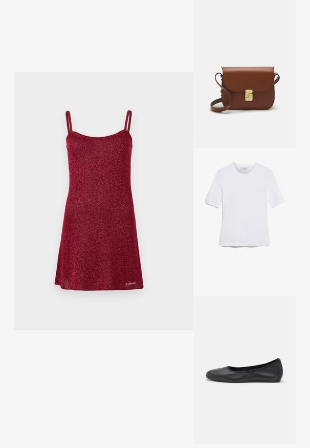 Crvena haljina s glitterom, tankim naramenicama, A-linijskog kroja i glatkom teksturom. Detalji uključuju zaobljeni izrez i lepršavi donji deo.; Bijela majica s kratkim rukavima izrađena od rebraste tkanine. Okrugli izrez, klasičan kroj i suptilni detalji šivanja. Bez uzoraka ili grafika.; Crne kožne baletanke s zaobljenim vrhom, glatke teksture, minimalnim detaljima šavova i fleksibilnim dizajnom potplata.; Smeđa kožna torba s preklopom, zlatnim detaljima, remenom za nošenje preko ramena i glatkom teksturom. Kompaktni pravokutni oblik.