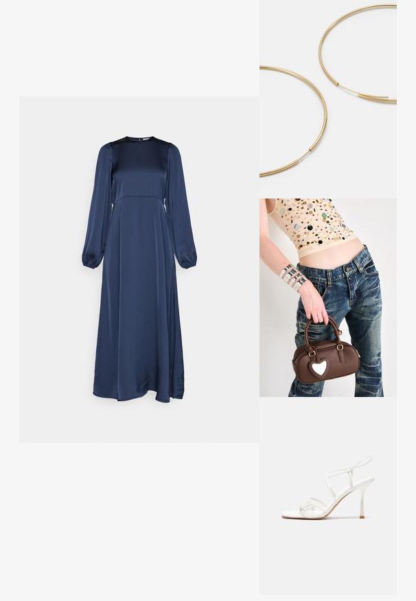 Námornícke modré maxi šaty vyrobené z hladkej látky, s dlhými volánovými rukávmi, okrúhlym výstrihom a splývavým strihom s bočnými rozparkomi.; Biele sandále na vysokom podpätku so štíhlym remienkom okolo členku a plochou základňou na prsty, textúrovaný predok so zhluky akcentov.; Hnedá kožená kabelka s akcentom v tvare srdca, zaoblený dizajn, zlaté kovania, držaná v ruke; skombinovaná s poškodenými džínsami a korálkovým topom.; Zlaté kruhové náušnice, tenké a okrúhleho tvaru, s hladkým kovovým povrchom a bez ozdôb alebo vzorov.
