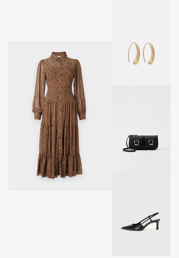 Robe à imprimé léopard marron avec un devant boutonné, de longues manches transparentes et des volants superposés en bas. Confectionnée à partir d'un tissu léger.; Escarpin slingback en vernis noir avec un bout pointu, présentant un imprimé serpent texturé, une sangle réglable et un petit talon bloc texturé.; Sac en cuir noir porté en travers avec deux poches avant, boucles dorées, fermeture zippée et une sangle fine. Surface texturée et forme rectangulaire compacte.; Boucles d'oreilles en métal doré en forme d'anneau, avec une forme courbée et allongée. Elles présentent une surface lisse et brillante avec une pointe arrondie pour un détail supplémentaire.