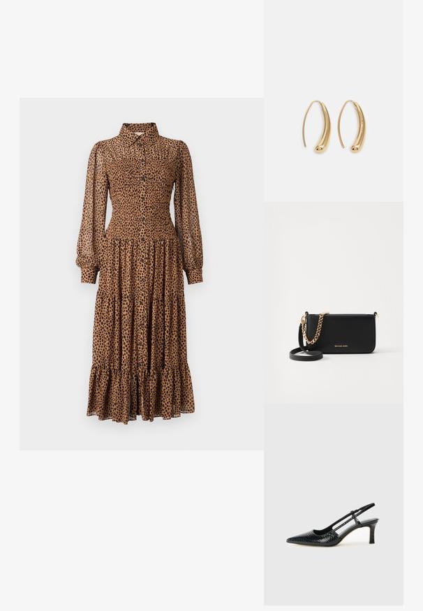 Brun leopardmønstret kjole med knaplukning foran, lange gennemsigtige ærmer og tiered flæser i kanten. Fremstillet af letvægtsstof.; Sorte patent slingback hæl med spids tå, featuring tekstureret slangeskind, justerbar rem og en kort, tekstureret blokhæl.; Svart skinnveske med gullkjededetaljer, glatt tekstur og gulllogo. Inkluderer en justerbar stropp for allsidighet.; Gullfargede metalløredobber med en buet, forlenget form. Har en jevn, blank overflate og en avrundet tupp for ekstra detaljer.