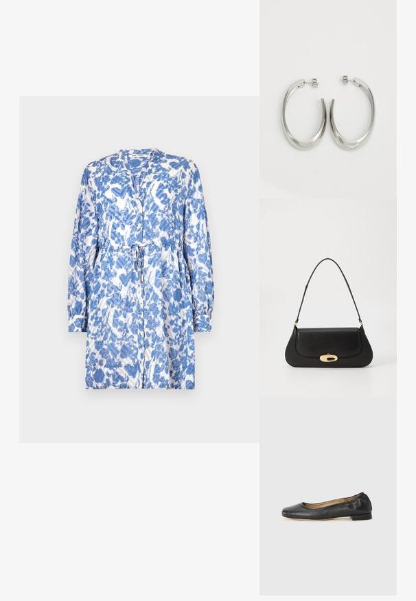 Blå og hvit mønstret kjole med lange ermer, knytebelte i midjen og knappelukking, med et teksturert, lett stoff.; Sorte lær balletflade med rund tå og minimal søm. Lav, rektangulær hæl og glat tekstur. Diskret indvendig foringsdetalje.; Svart lærveske med en buet design, gullfarget hardware og et håndtak på toppen. Har en elegant lukking og glatt tekstur.; Sølvøreringer med en jevn, buet design. Har en blank metallisk finish og en studlås. Ingen synlige mønstre eller aksenter.
