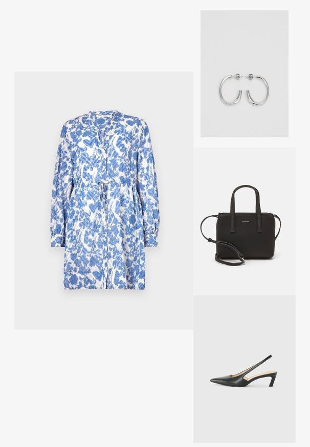 Zila un baltā rakstainā kleita ar garām piedurknēm, jostas saišu un pogu aizdari, kas izgatavota no teksturēta, viegla auduma.; Melna, ar smailu purngalu, slingback kurpe ar zemu papēdi, izgatavota no gludas ādas materiāla un ar izgriezumiem sānos gaisa caurlaidībai.; Melns roku soma ar divām īsām rokturiem un noņemamu plecu siksnu. Gluda ādas līdzīga materiāla ar rāvējslēdzēja aizdari un logos detaļu.; Sudraba riņķveida auskari ar gludu, spīdīgu apdari. Apaļas formas, viegla dizaina, ar aizdari uz stieples.