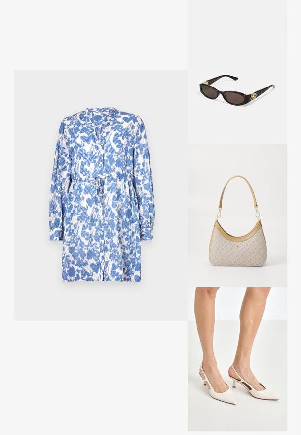 Abito blu e bianco con motivo, maniche lunghe, vita con cravatta e chiusura a bottoni, caratterizzato da un tessuto leggero e testurizzato.; Tacchi slingback in pelle lucida beige con punta affusolata e tacco di 5 cm, caratterizzati da lati traforati e una sottile fascia alla caviglia.; Occhiali da sole tartarugati con lenti ovali allungate, tonalità marrone, accenti dorati con logo sulle tempie e aste nere eleganti.; Borsa a tracolla beige con un motivo stampato, forma curvata, dettagli in pelle e un logo dorato sul davanti. Presenta una maniglia corta per un facile trasporto.; Collana di perle e cristalli con un design rotondo a perline in tonalità tenui, caratterizzata da perle alternate e accenti scintillanti, indossata attorno al collo.