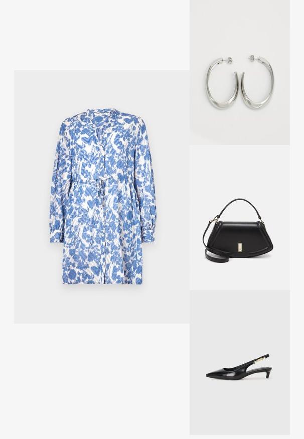 Sininen ja valkoinen kuvioitu mekko, jossa on pitkät hihat, solmittava vyötärö ja napitus. Mekko on valmistettu teksturoidusta, kevyestä kankaasta.; Mustat nahkaiset slingback-korkokengät, joissa on terävä kärki, ohuet korot ja kultasävytteinen yksityiskohta säädettävässä hihnassa. Silkkinen pinta.; Mustalla nahkalaukulla, jossa on jämäkkä muotoilu, lyhyt malli, yläkahva ja kultaiset yksityiskohdat. Säädettävä olkahihna sisältyy.; Hope hopeista, joissa on sileä, kaareva muotoilu. Varustettu kiiltävällä metallipinnoitteella ja nappikiinnityksellä. Ei näkyviä kuvioita tai koristeluja.