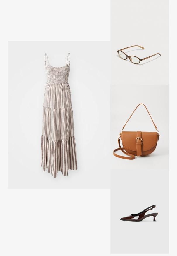 Maxi-jurk met dunne bandjes, gerimpelde lijfje en een gelaagde zoom. Beschikt over afwisselend bruine en crème verticale strepen.; Bruine gepatineerde leren slingback-schoen met een spitse neus en een gematigd hakje. Voorzien van een gespsluiting voor een veilige pasvorm. Glad van textuur.; Bruine schildpadbril met ovale lenzen, dunne armen en transparante accenten. Heeft een subtiele logo op de tempel. Strak, lichtgewicht ontwerp.; Bruine leren schoudertas met een gebogen vorm, gouden hardware en een gespaccent. Bevat een afneembare schouderriem.