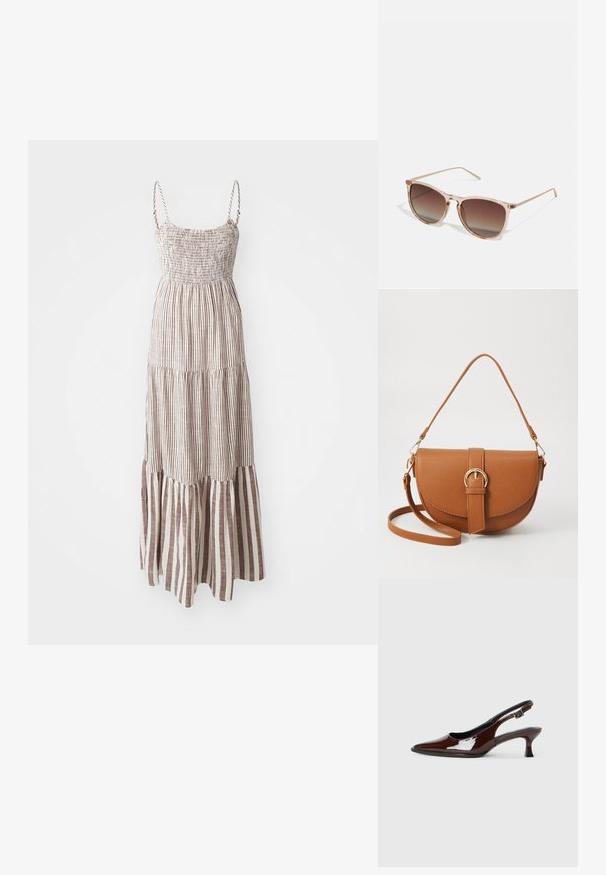 Maxi dress with thin straps, smocked bodice, and a tiered hem. Features alternating brown and cream vertical stripes throughout.; Brown patent leather slingback shoe with a pointed toe and a moderate heel. Features a buckle strap for secure fit. Smooth texture.; Brown gradient sunglasses with a translucent pink frame, square shape, and thin metal arms. Features rounded edges and minimal detailing.; Brown leather crossbody bag with a curved shape, gold hardware, and a buckle accent. Features a detachable shoulder strap.