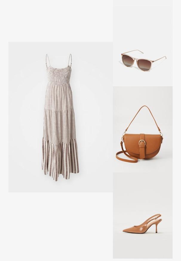 Maxi dress with thin straps, smocked bodice, and a tiered hem. Features alternating brown and cream vertical stripes throughout.; Pointed toe slingback heel in a smooth, glossy tan material. Features a curved cutout design and a slender stiletto heel. Silver buckle detail.; Brown gradient sunglasses with a translucent pink frame, square shape, and thin metal arms. Features rounded edges and minimal detailing.; Brown leather crossbody bag with a curved shape, gold hardware, and a buckle accent. Features a detachable shoulder strap.