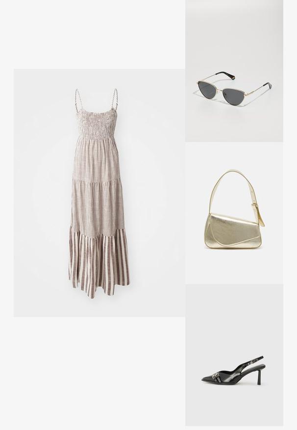 Maksikleita ar plānām siksniņām, noliekamu krūšu daļu un slāņotu apakšmalu. Ar maiņojošām brūnām un krēmkrāsas vertikālām svītrām visā virsmā.; Melnā patentēta ādas sandale ar norādītu purngalu, potītes siksniņām ar sudraba sprādzēm un aparatūru, kā arī smalku papēdi.; Zelta metāla rāmja saulesbrilles ar tumšiem stikliem, kaķa acs formas, un melnas tempļa kājas ar varavīksnes akcentu vienā pusē.; Zelta metāla somiņa ar strukturētu dizainu, gludu tekstūru un regulējamu siksniņu. Iezīmējas ar unikālu trīsstūrveida formu un minimālistisku šuvumu.