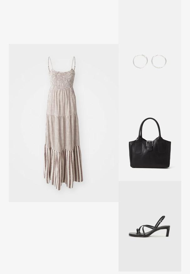 Robe maxi avec des bretelles fines, un buste smocké et un ourlet à niveaux. Présente des rayures verticales alternant entre marron et crème.; Sandale noire à lanières avec un bout carré et un petit talon bloc. Elle présente plusieurs fines lanières et une sangle de cheville ajustable. Fabriquée en cuir lisse.; Sac fourre-tout en cuir noir avec une texture lisse, une forme structurée, deux poignées et un détail en boucle argentée proéminent à l'avant.; Boucles d'oreilles en argent avec un design rond et épuré, présentant une surface lisse et sans embellissements visibles. Diamètre non spécifié.