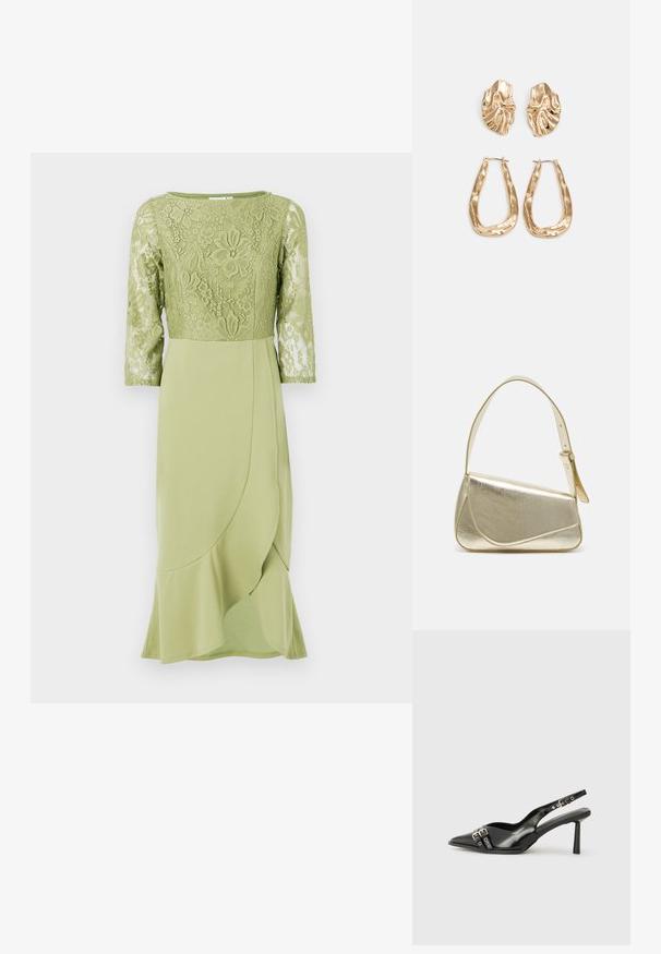 Robe verte avec un corsage en dentelle et des manches trois-quarts, présentant une jupe lisse et drapée avec un ourlet évasé. Détail de motif floral dans l'ensemble.; Chaussure slingback en cuir verni noir avec un embout pointu, des brides de cheville avec des boucles en argent et des éléments en métal, et un talon fin.; Sac à main en métal doré avec un design structuré, texture lisse et bandoulière ajustable. Présente une forme triangulaire unique et des coutures minimalistes.; Boucles d'oreilles dorées présentant des formes texturées et ondulées. Comprend des clips sculpturaux et un design de créoles ouvertes avec une finition martelée.