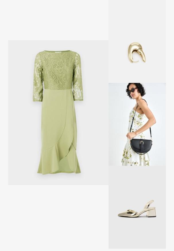 Grønn kjole med blonderbust og trekvart ermer, med en glatt, drapert skjørt og utsvingt kant. Generelt blomster mønsterdetalj.; Gull, metallisk slingback-hæler med spiss tå og chunky hæl. Glatt tekstur, minimalistisk design og en smal stropp.; Svart lærveske med en buet form, avtagbar stropp og gullbeslag. Vesken har et klaff med spenne-detall.; Gullfarget metalløredobber med et elegant, buet design. Har en karakteristisk spiss form, polert overflate og hengsel-lukking.