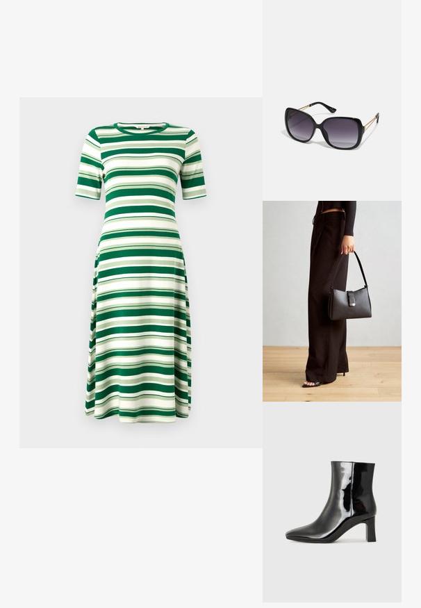 Zelena i bijela prugasta haljina od mekog materijala, s kratkim rukavima i okruglim dekolteom, lepršavog A-linije kroja, do koljena.; Crne lakirane kožne gležnjače s šiljastim prstom i srednje visokom blok petom. Glatka tekstura i minimalistički dizajn.; Crne prevelike sunčane naočale s gradijentnim lećama, debelim okvirom i zlatnim lancem kao detaljem na krakovima.; Crna torba s oblikom koji sadrži strukturu, glađu teksturu i metalnu kopču. Uparena s širokim crnim hlačama i sandalama na otvorenom s drvenog poda.