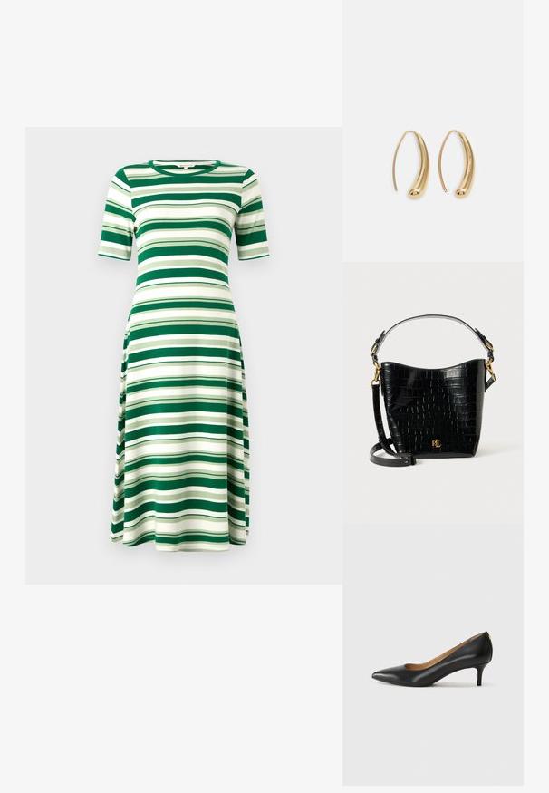 Vestido riscado em verde e branco, feito de um tecido suave, com mangas curtas e decote redondo, de forma fluida em A, até ao joelho.; Sapato de salto alto em pele preta com bico fino, salto baixo e textura suave. Apresenta uma ligeira abertura na parte da frente e mínima ferragem na parte de trás.; Bolsa de pele corcunda preta com textura de crocodilo, formato curvo, detalhes em metal dourado, alça ajustável e logotipo na parte da frente.; Brincos em metal dourado com forma de arco alongado e curvado. Apresentam uma superfície lisa e brilhante, com uma ponta arredondada para um detalhe adicional.