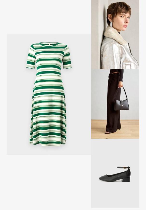Zelena in bela črtasta obleka iz mehkega blaga, z kratkimi rokavi in okroglim izrezom, v prostem A-linijskem kroju, do kolen.; Črne usnjene pumpice z nazobčanimi prsti in nizko blokasto peto. Imajo trak okoli gležnja z zaponko v zlatem tonu. Gladka tekstura.; Črna torbica z strukturirano obliko, gladko teksturo in kovinskim zaponko. Ujemajo se z širokimi črnimi hlačami in odprtimi sandali na lesenem tleh.; Srebrna metalik usnjena jakna s ovratnikom iz jagnječje kože, z zadrgo in strukturirano površino. Velike kapljaste uhane s prozornimi dragimi kamni.