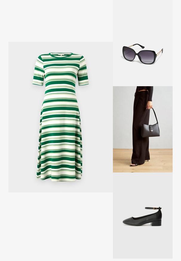 Zöld és fehér csíkos ruha, puha anyagból készült, rövid ujjakkal és kerek nyakkivágással, A-vonalú, térdközépig érő fazon.; Fekete bőr magassarkú cipő hegyes orral és alacsony tömb sarkal. Bokapánttal rendelkezik, aranyszínű csattal. Simább textúra.; Fekete, oversize napszemüveg fokozatos árnyalatú lencsékkel, vastag kerettel és arany színű lánc díszítéssel a szárakon.; Fekete kézi táska strukturált formával, sima textúrával és fémből készült záródással. Széles fekete nadrággal és nyitott orrú szandállal párosítva, fából készült padlón.