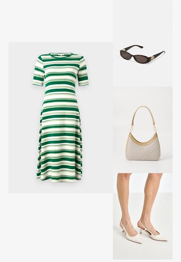 Vestido a rayas verde y blanco, hecho de una tela suave, con mangas cortas y escote redondeado, de forma A que fluye, hasta la rodilla.; Tacones slingback de charol beige con punta afilada y un tacón de 5 cm, con lados recortados y una delgada correa en el tobillo.; Gafas de sol carey con lentes ovalados alargados, tintado marrón, acentos de logo dorado en las patillas y brazos negros elegantes.; Bolso de mano beige con un patrón y forma curva, acentos de cuero y un logo tono dorado en la parte frontal. Cuenta con un asa corta para un fácil transporte.; Collar de perlas y cristales con un diseño redondo y abalorado en tonos suaves, que presenta perlas alternadas y acentos brillantes, llevado alrededor del cuello.
