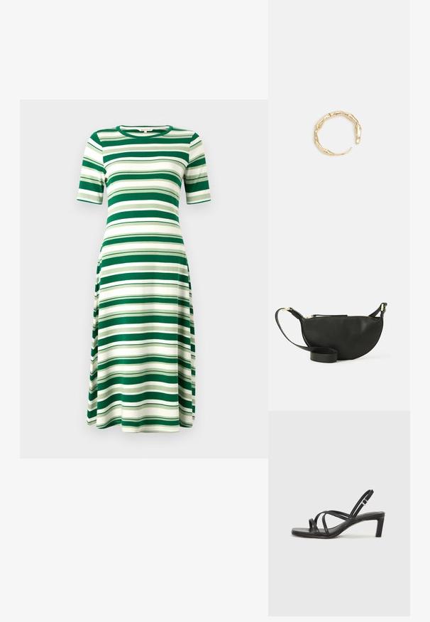 Vihreä ja valkoinen raidallinen mekko, joka on valmistettu pehmeästä kankaasta, jossa on lyhyet hihat ja pyöreä pääntie, litteä A-linjainen muoto, polveen asti ulottuva.; Mustat hihnalligat, joissa on neliön muotoinen kärki ja matala lohkokorko. Ominaisuuksiin kuuluu useita ohuita hihnoja ja säädettävä nilkkahihna. Valmistettu sileästä nahasta.; Mustikkavärinen nahkainen crossbody-laukku, jossa on puolikuun muoto, teksturoitu pinta, kultainen vetoketju ja litteä olkahihna. Kompakti muotoilu, joka sopii välttämättömyyksille.; Kultaketju, jossa on orgaaninen, kierretty muotoilu, sileä pinta ja cappatut päät, luoden modernin, veistoksellisen ilmeen.