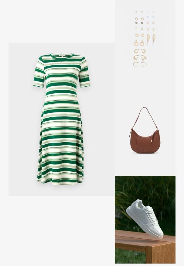 Grønn og hvitstripete kjole laget av mykt stoff, med korte ermer og rund hals, flytende A-linjeform, knelengde.; Hvite sneakers med en glatt syntetisk overdel, perforert tåboks, flate snørebånd og en teksturert såle, vist på en treflate.; Brun kunstlæder skuldertaske med buet form, minimal syning og detaljer i guld-tonet hardware. Har en top lynlås lukning og justerbar rem.; Sett med gullfargede øredobber med ulike design, inkludert stikkere, hoops og hengende deler med perler og rhinestones.