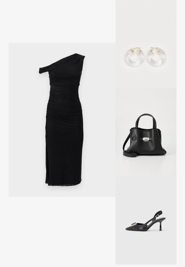 Černé jedno ramínkové šaty s řasením, slim fit, ke kolenům, s bočním rozparkem, vyrobené z měkkého a elastického materiálu.; Černá kožená slingback obuv s špičatou špičkou, štíhlým podpatkem a akcenty zlaté barvy na vředu. Hladká textura a strukturovaný design.; Černá kožená kabelka s texturovaným povrchem, vybavená dvěma horními uchy, odnímatelným ramenním popruhem a stříbrným detailem s uzávěrem.; Průhledné akrylové kruhové náušnice se zlatými kovovými akcenty a lesklým povrchem. Mají hladký, kruhový design.