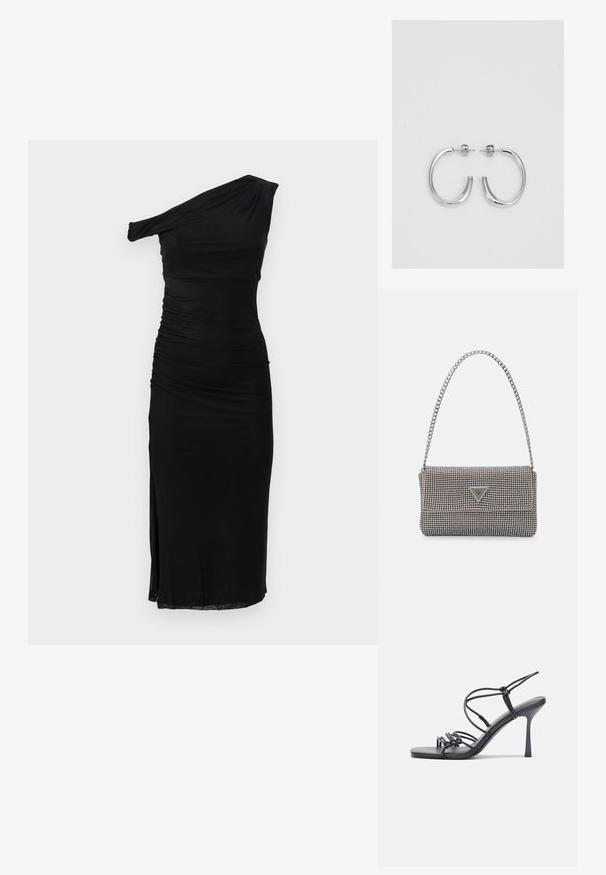 Vestido preto de um ombro só com detalhes franzidos, ajuste justo, altura até ao joelho e fenda lateral, feito de material suave e elástico.; As sandálias de salto alto pretas apresentam tiras finas com um design em nó, uma biqueira quadrada lisa e um elegante salto agulha.; Bolsa metálica cinza claro com uma alça de corrente, adornada com pequenos rebites metálicos circulares e um logótipo triangular da marca.; Brincos de argola prateados com um acabamento suave e brilhante. Forma arredondada, design leve, com fecho de pino.