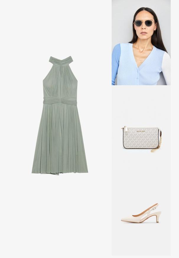 Mintovo zelené šaty na ramienka s plisovanou sukňou, nariaseným živôtikom a texturovaným opaskom. Vyrobené z ľahkej tkaniny.; Biele slingback topánky na podpätku s ostrou špičkou, hladkým vrchným materiálom, nízkym blokovým podpätkom a bočným výrezom s nastaviteľným remienkom na pracku.; Okrúhle slnečné okuliare s tmavými šošovkami a zlatým rámom. Modelka má na sebe svetlomodrý pletený kardigán s gombíkmi a bielymi rukávmi v kontraste.; Michael Kors zápästná taška v béžovej potiahnutej plátenej tkanine s opakujúcim sa vzorom loga MK, zlatým kovania a odnímateľným reťazovým popruhom.