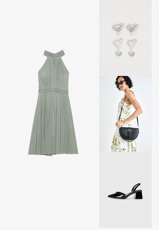 Um vestido halter verde-menta com saia plissada, corpete franzido e faixa texturizada na cintura. Feito de tecido leve.; Sandy em verniz preto com salto slingback, ponta afilada e salto geométrico. Apresenta um design elegante e minimalista com textura suave.; Bolsa de couro preta com forma curva, alça destacável e detalhes em dourado. A bolsa possui uma aba com detalhe de fivela.; Os brincos em forma de coração prateados apresentam pedras claras facetadas, com uma moldura texturizada. O conjunto inclui estilos de botão e de gota.