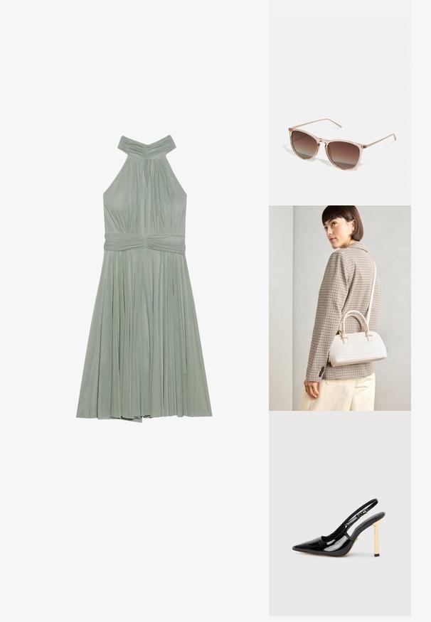 Mėtų žalios spalvos halterio suknelė su klostuotu sijonu, susirinkusia kūno dalimi ir tekstūruota juosmens juosta. Pagaminta iš lengvos medžiagos.; Juodas patentuotas odos aukštakulnis batelis su smailiu kojų pirštu ir auksinės spalvos kvadratiniu kulno akcentu. Ilgesnis reguliuojamas kulkšnies dirželis.; Rudi gradientiniai saulės akiniai su permatomu rožiniu rėmeliu, kvadratinės formos ir plonomis metalinėmis šakėmis. Yra su apvalintais kraštais ir minimaliais dekoratyviniais elementais.; Balta struktūruota rankinė su trumpomis rankenomis ir peties diržu, su auksinėmis detalėmis ir tekstūruota medžiaga, pastatyta prieš pilką foną.