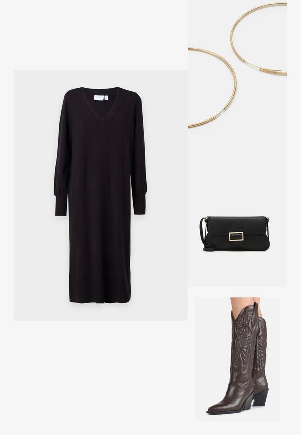 Melnā adīta kleita ar garām piedurknēm, V veida kakla izgriezumu un ribotām aprocēm. Tiešs piegriezums bez redzamām apdrukām vai akcentiem. Mīksta tekstūra.; Brūni ādas kovboju zābaki ar norādītu purngalu un blokveida papēdi, ar detalizētu šūšanu un paceltiem akcentiem uz kājas daļas.; Melnas ādas saķeres soma ar atloku un zelta metāla sprādzi. Ietver melnu siksnu un elegantu, minimālistisku dizainu.; Zelta krāsas auskari gredzena formā, plāni un apaļi, ar gludu metāla apdari un bez rotājumiem vai zīmējumiem.