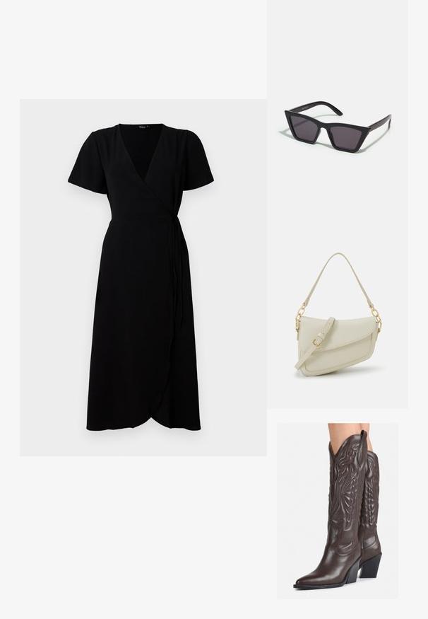 Musta kietaisumekko lyhyillä hihoilla, V-mallisella kaula-aukolla, vyötärönauhataskuilla ja täyspitkällä hameella. Pehmeä kangas, jossa on hienovarainen tekstuuri.; Ruske nahkasaappaat, joissa on terävä kärki ja laatikkokorko, varustettu yksityiskohtaisella ompelulla ja kohotetuilla yksityiskohdilla varsiosassa.; Mustat, kulmikkaat aurinkolasit harmailla linsseillä; valmistettu muovista, paksuilla varsilla, joissa on sileä pinta ja ilman näkyvää metalliosaa.; Pieni kerma beige käsilaukku, jossa on teksturoitu pinta, pitkä säädettävä olkahihna, ketjua korostava yksityiskohta ja läppälukko. Kultaista metalliosaa.; Kultaketjut kullasta, joissa on sileä, kiiltävä pinta. Pyöreä muotoilu, jossa on pieni tappi ja kirkas taustalevy turvalliseen käyttöön.