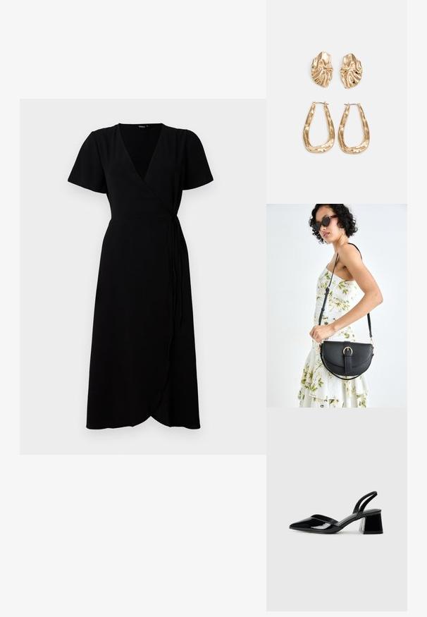 Rochie neagră, cu mâneci scurte, de tip înfășurat, decolteu în V, cu curea în talie și fustă lungă. Material neted, cu o textură subtilă.; Pantofi cu toc slingback din piele lacuită neagră, cu vârf ascuțit și toc geometric. Prezintă un design elegant, minimalist și o textură netedă.; Geantă din piele neagră, cu o formă curbată, curea detașabilă și accesorii aurii. Geanta are un capac cu un detaliu tip cataramă.; Cercei aurii cu forme texturate și ondulate. Include studs sculpturale cu clip și un design de cerc deschis cu un finisaj cioplit.