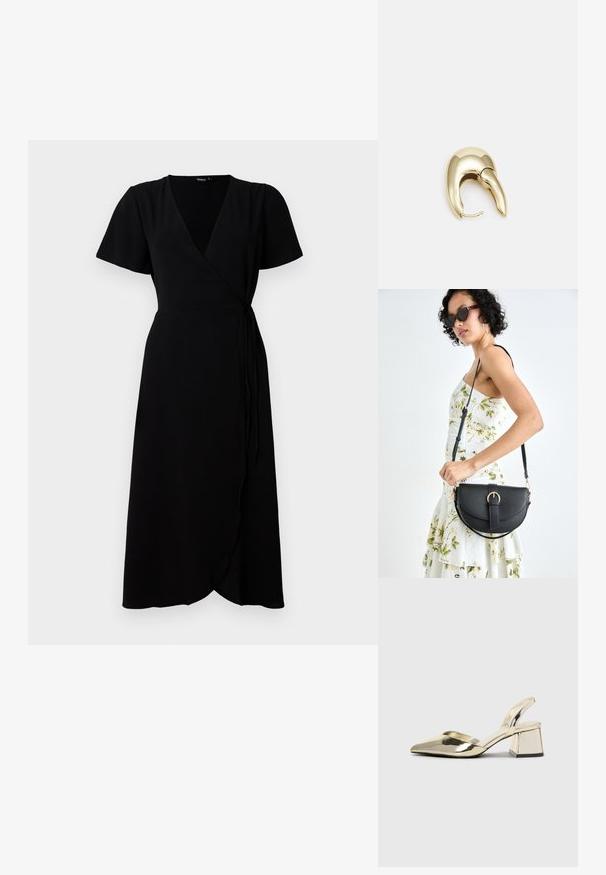 Black wrap dress with short sleeves, V-neckline, waist tie, and full-length skirt. Smooth fabric with a subtle texture.; Gold, metallic slingback heels with a pointed toe and chunky heel. Smooth texture, minimalistic design, and a narrow strap.; Black leather handbag with a curved shape, detachable strap, and gold hardware. The bag features a flap with a buckle detail.; Gold-tone metal earring with a sleek, curved design. Features a distinctive pointed shape, polished surface, and hinge closure.