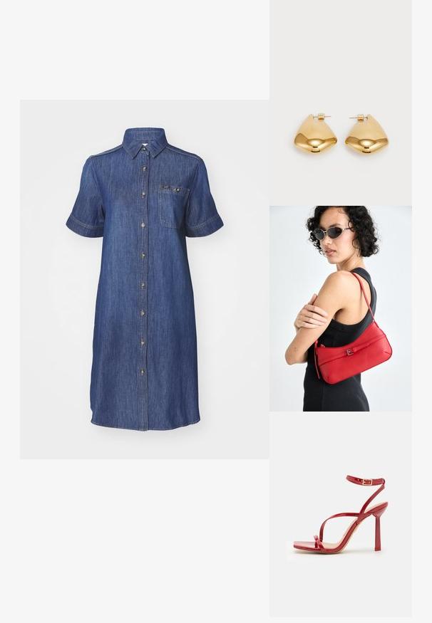 Tume sinine denimist särgimekir dress, millel on nupuvajutusega eesmine avamine, lühikesed varrukad ja rinnaepaulet. Omab triikitud kraed ja peeneid õmblusaktsente.; ALDO SCINTILLA - Kõrge kontsaga sandaalid - red; Punane nahast õlalauk sujuva tekstuuriga, kaarjate joontega ja dekoratiivse lukuga. Reguleeritav rihm ja lukuga sulgemine.; Kuldtoon metall kõrvarõngad, millel on sile, ümar kolmnurkne kuju ja tagaküljel olev kinnitamine; peeglilaadne pinda, millel on minimaalne detailide hulk.