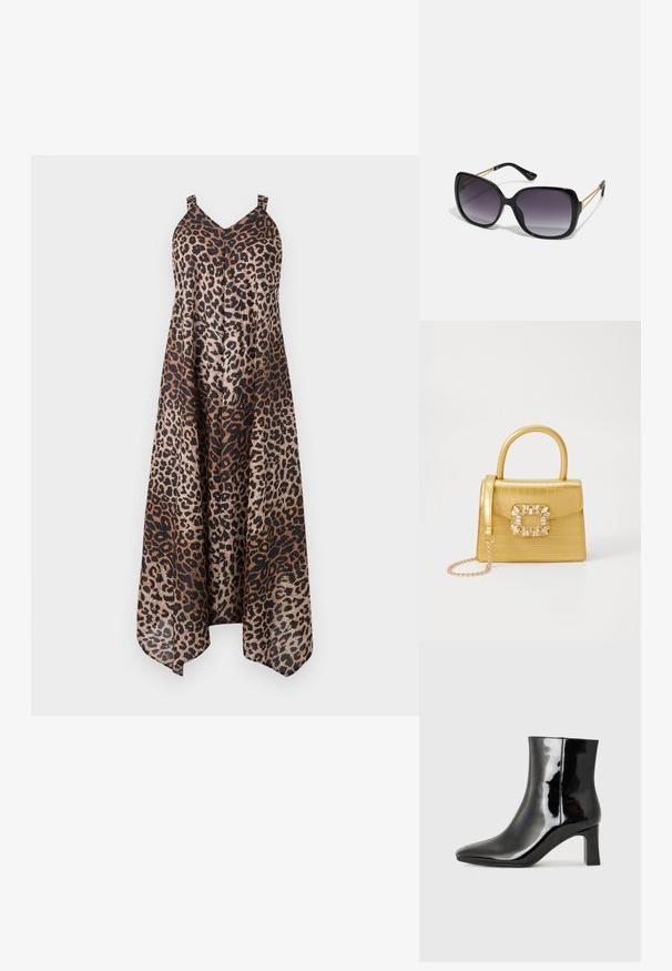 Haljina s uzorkom leoparda sa slobodnim, lepršavim dizajnom. Trake na ramenu, v-izrez i visoki nisku rub. Paleta boja uključuje smeđe i crne tonove.; Crne lakirane kožne gležnjače s šiljastim prstom i srednje visokom blok petom. Glatka tekstura i minimalistički dizajn.; Crne prevelike sunčane naočale s gradijentnim lećama, debelim okvirom i zlatnim lancem kao detaljem na krakovima.; Žuta torbica od umjetnog krokodila sa strukturiranim dizajnom, gornjom ručkom, odvojivim lančićem i dekorativnim kristalnim ukrasom na kopči.