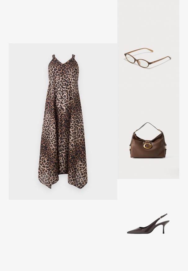 Šaty s leopardím potiskem s volným, splývavým designem. Špagetová ramínka, výstřih do V a asymetrický lem. Barevná paleta zahrnuje hnědou a černou.; Slaměné lodičky s špičatou špičkou v tmavě hnědé lakované kůži, s úzkým vysokým podpatkem a nastavitelním zápěstním páskem se sponou.; Hnědé želvovinové brýle s oválnými skly, tenkými bočními nohami a průhlednými akcenty. Obsahují decentní logo na stranu. Elegantní, lehký design.; Hnědá kožená kabelka s texturovaným povrchem, která má zlatý kovový klip a jeden zakřivený ramenní popruh.