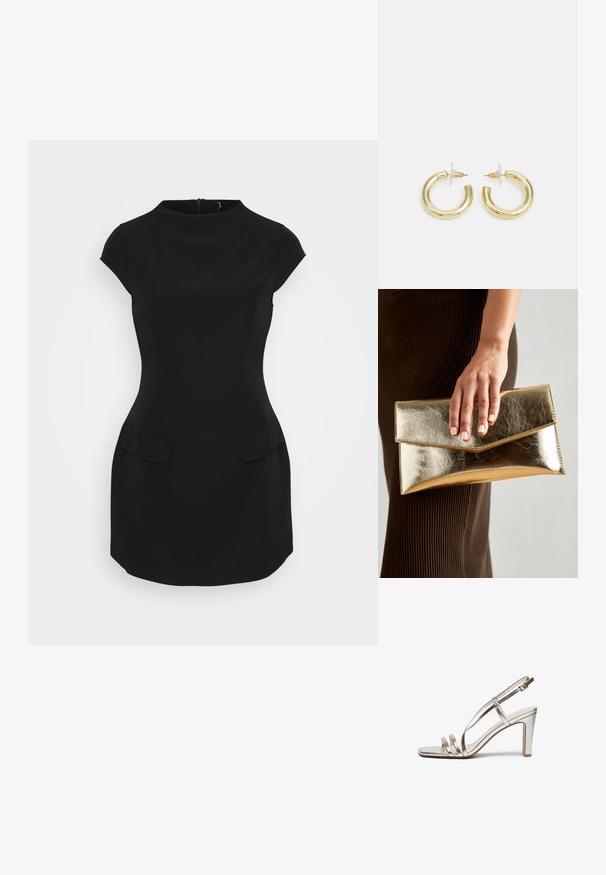 Mustaga sobiv kleit lühikeste varrukatega, ümmargune kaelus ja kaks esist taskut. Valmistatud siledast kangast, varjatud tagasipöörduva lukuga.; Metallilise hõbedase värvi kõrge kontsaga sandaal avatud varbaga, millel on jalas kolm õhukest rihma ja pahkluuring koos kinnitusega.; Kuldne metallist käekott, millel on sile tekstuur ja kolmnurkne klapp. Kotti hoidev käsi on hoolikalt maniküüritud küüntega.; Kuldne rõngassõrmused sileda ja läikiva viimistlusega. Ringikujuline disain, millel on väike post ja selge tagumine külg, et tagada kindel kandmine.