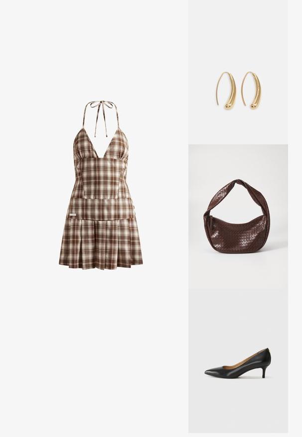 House of Sunny THE HOXTON CHECK DRESS - Rochie de zi - multi-colored; Pantofii din piele neagră au vârful ascuțit, toc mic și o textură netedă. Au o deschidere ușoară în față și un hardware minim în spate.; Geantă din piele împletită, de culoare maronie, cu un mâner curbat, noduros și închidere cu fermoar. Textură netedă și formă rotundă.; Cercei din metal auriu, cu un design curbat și alungit. Au o suprafață netedă și strălucitoare, cu un vârf rotunjit pentru un detaliu suplimentar.