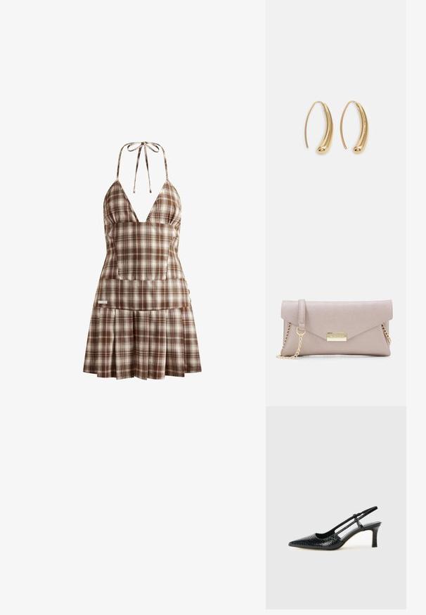 House of Sunny THE HOXTON CHECK DRESS - Denní šaty - multi-colored; Černé lakované slingback podpatky s špičatou špičkou, zdobené texturovaným hadím vzorem, nastavovacím páskem a krátkým texturovaným blokovým podpatkem.; Kabelka přes rameno Valentino z měkkého béžového materiálu, s přehnutým klopovým uzávěrem, zlatým řetízkovým popruhem a kovovým logem na přední straně.; Náušnice ve tvaru kruhu z pozlaceného kovu s vroubkovaným, prodlouženým tvarem. Mají hladký, lesklý povrch a zaoblený konec pro zvýraznění detailu.