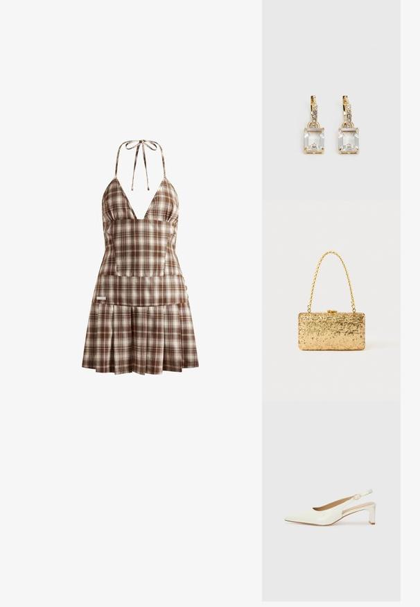 House of Sunny THE HOXTON CHECK DRESS - Day dress - multi-colored; White patent leather slingback shoe with a pointed toe and a low block heel. Features a subtle strap with a gold-tone buckle detail.; Gold sequin clutch with a rectangular shape, featuring a twisted chain handle and a metal clasp closure, reflecting light with a textured finish.; Gold-tone earrings featuring a rectangular, clear crystal dangling below a row of small, round clear accents. Sleek, modern design.