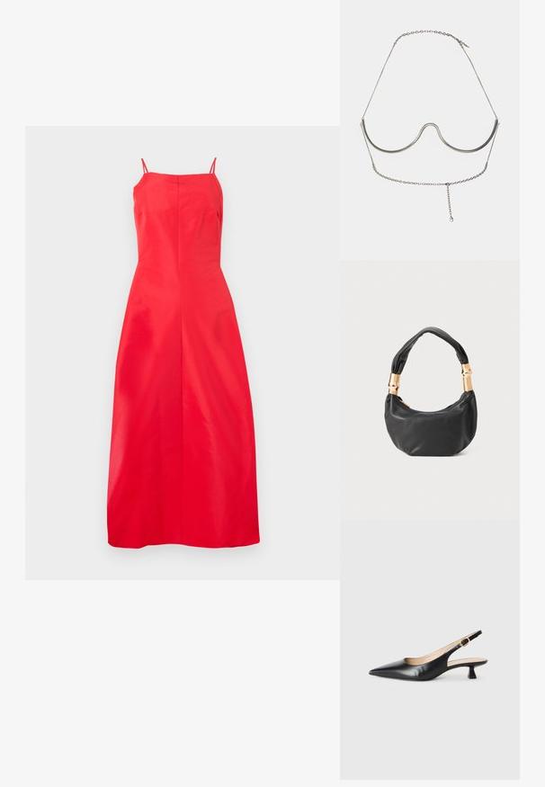 Rdeča brezrokavna midi obleka s preprosto rezom in tankimi naramnicami, postavljena na enobarvno belo ozadje.; Črne usnjene slingback čevlje z mačjih petah in oštrim nosom ter zlatim sponko na stranskem traku, na beli podlagi.; Črna usnjena torbica okrogle oblike, mehke teksture, z vozlanim ročajem in zlatimi kovinskimi dodatki. Zadrga za zapiranje.; Cult Gaia ASHA BODY JEWELRY - Drugi dodatki - bright shiny silver-coloured