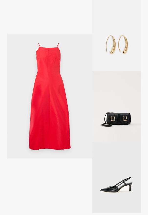 Κόκκινο, αμάνικο midi φόρεμα με ευθεία γραμμή και λεπτές τιράντες, σε απλό λευκό φόντο.; Μαύρη πατέντα σλινγκμπάκ γόβα με μυτερή μύτη, διαθέτει υφή από φίδι, ρυθμιζόμενο λουρί και κοντή, υφή τετράγωνη φτέρνα.; Μαύρη δερμάτινη τσάντα ώμου με δύο μπροστινές τσέπες, χρυσά κούμπωματα, κλείσιμο με φερμουάρ και λεπτό λουρί. Υφή επιφάνειας και κομψό ορθογώνιο σχήμα.; Χρυσές μεταλλικές σκουλαρίκια κρίκοι με καμπυλωτό, ελκυστικό σχήμα. Περιλαμβάνουν μια λεία, γυαλιστερή επιφάνεια και στρογγυλή άκρη για πρόσθετη λεπτομέρεια.